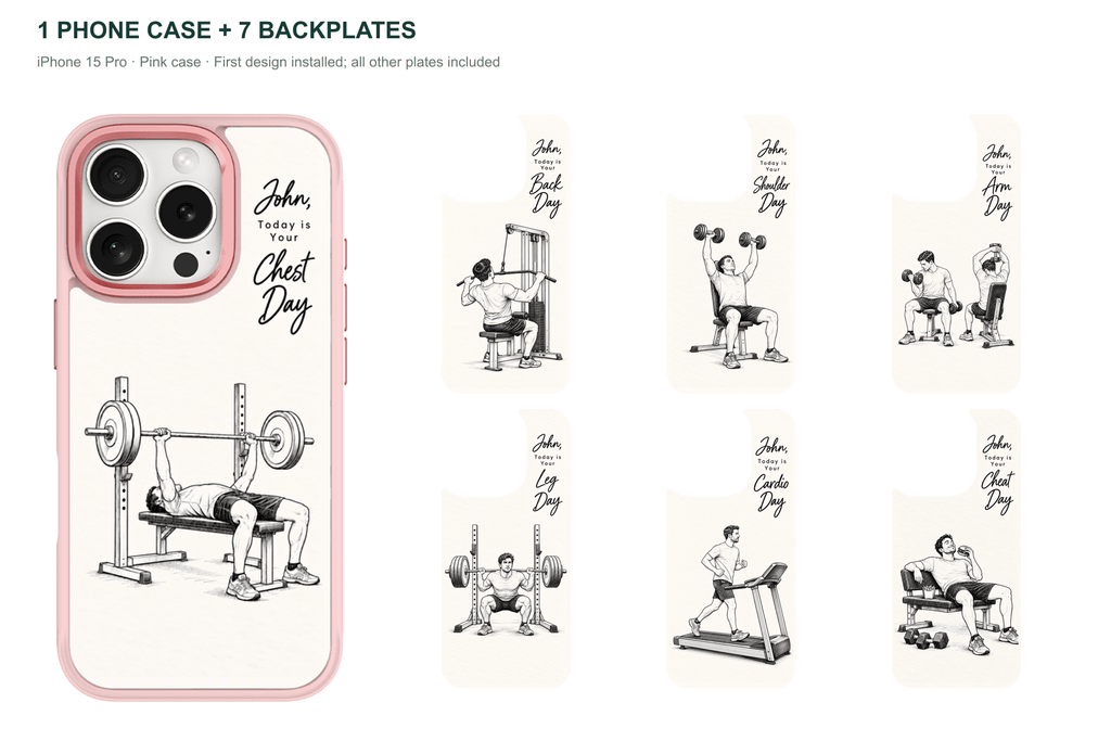 Training Days Personalized — 7 Backplates + 1 Phone Case — iPhone 15 Pro Pink case with all 7 backplates