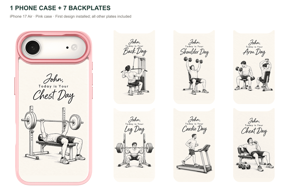 Training Days Personalized — 7 Backplates + 1 Phone Case — iPhone 17 Air Pink case with all 7 backplates