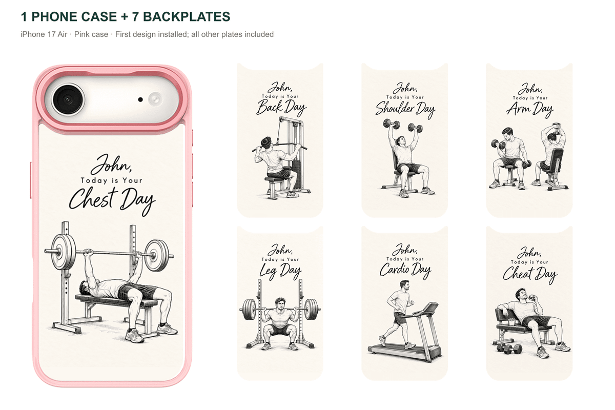 Training Days Personalized — 7 Backplates + 1 Phone Case — iPhone 17 Air Pink case with all 7 backplates