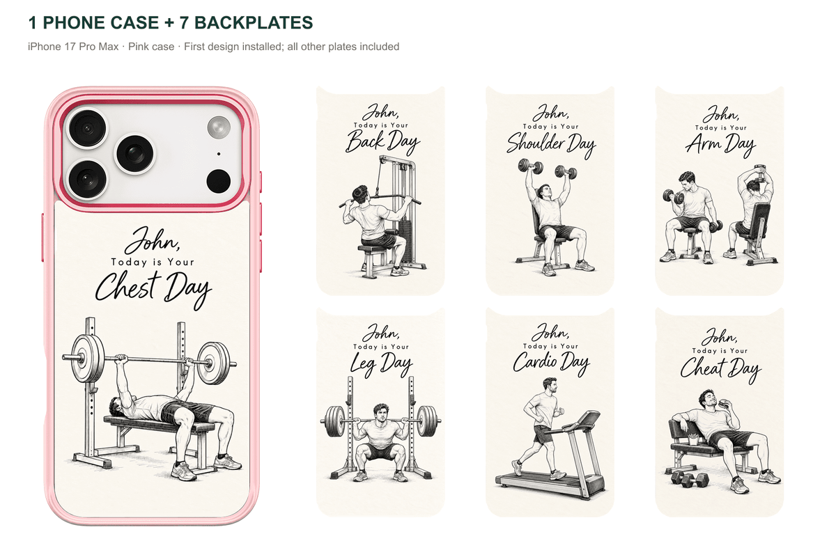 Training Days Personalized — 7 Backplates + 1 Phone Case — iPhone 17 Pro Max Pink case with all 7 backplates