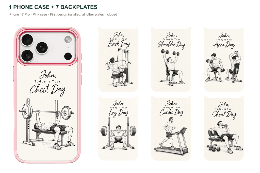 Training Days Personalized — 7 Backplates + 1 Phone Case — iPhone 17 Pro Pink case with all 7 backplates
