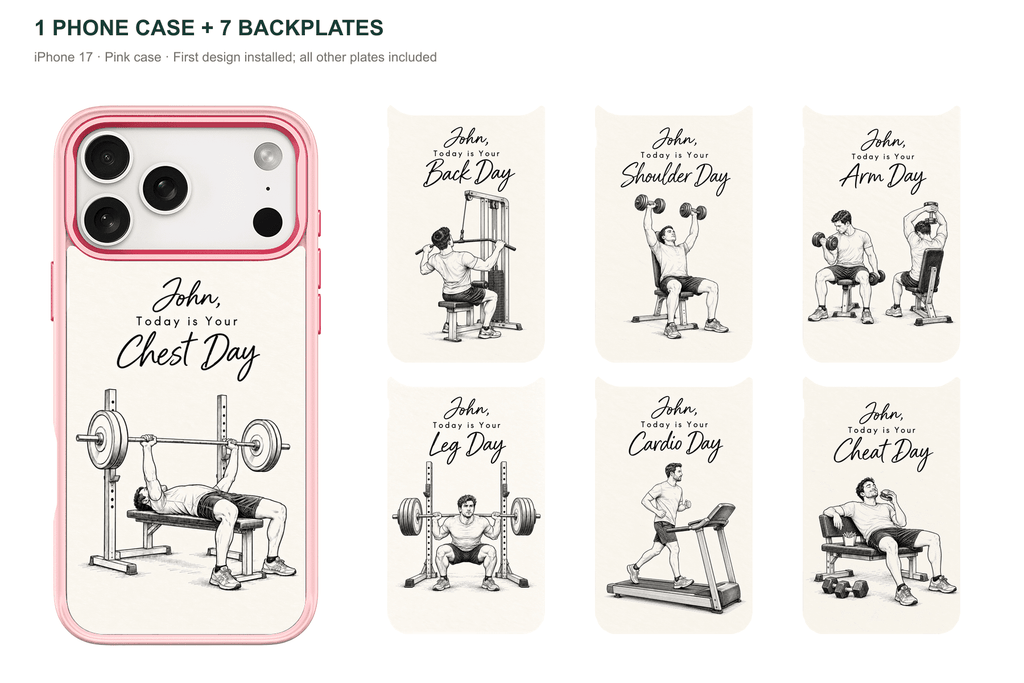 Training Days Personalized — 7 Backplates + 1 Phone Case — iPhone 17 Pink case with all 7 backplates