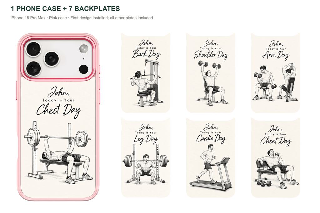 Training Days Personalized — 7 Backplates + 1 Phone Case — iPhone 18 Pro Max Pink case with all 7 backplates