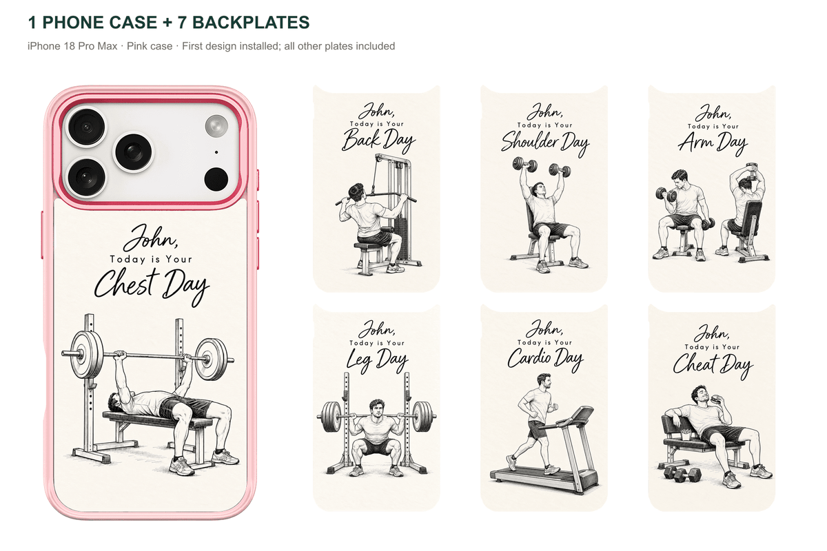 Training Days Personalized — 7 Backplates + 1 Phone Case — iPhone 18 Pro Max Pink case with all 7 backplates