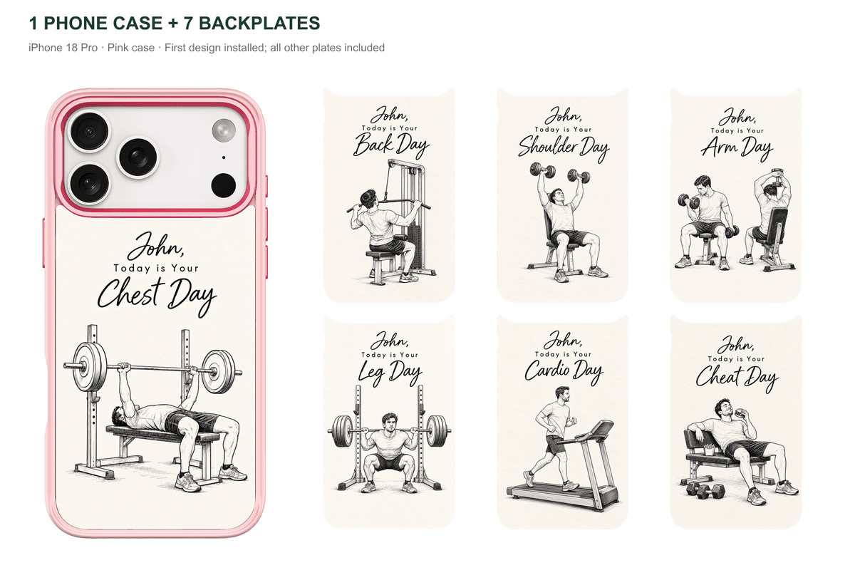 Training Days Personalized — 7 Backplates + 1 Phone Case — iPhone 18 Pro Pink case with all 7 backplates