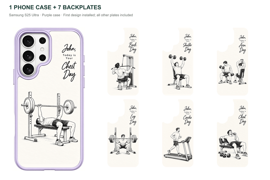Training Days Personalized — 7 Backplates + 1 Phone Case — Samsung S25 Ultra Purple case with all 7 backplates