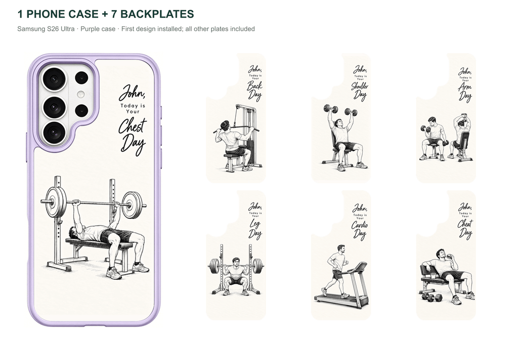 Training Days Personalized — 7 Backplates + 1 Phone Case — Samsung S26 Ultra Purple case with all 7 backplates