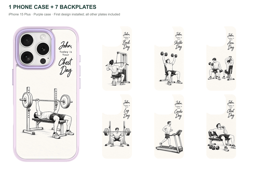 Training Days Personalized — 7 Backplates + 1 Phone Case — iPhone 15 Plus Purple case with all 7 backplates