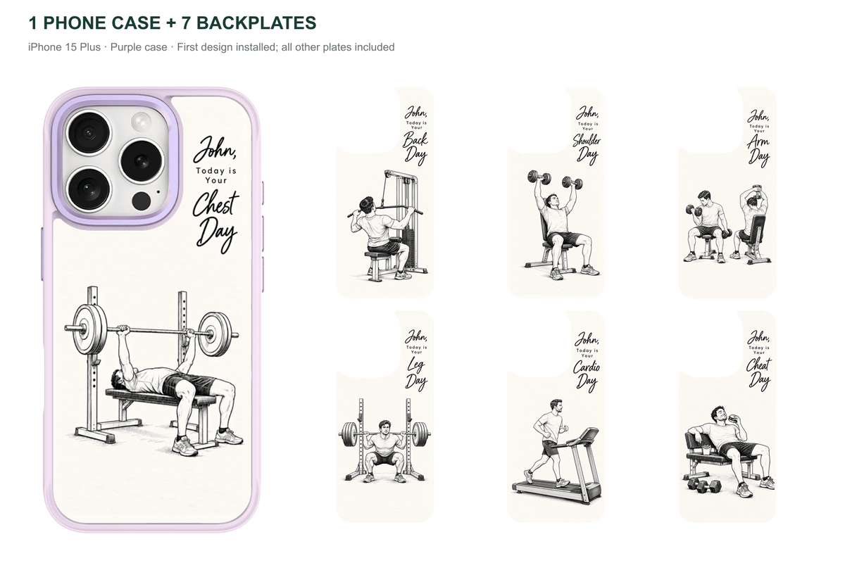 Training Days Personalized — 7 Backplates + 1 Phone Case — iPhone 15 Plus Purple case with all 7 backplates