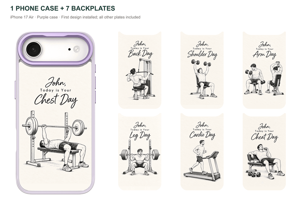 Training Days Personalized — 7 Backplates + 1 Phone Case — iPhone 17 Air Purple case with all 7 backplates