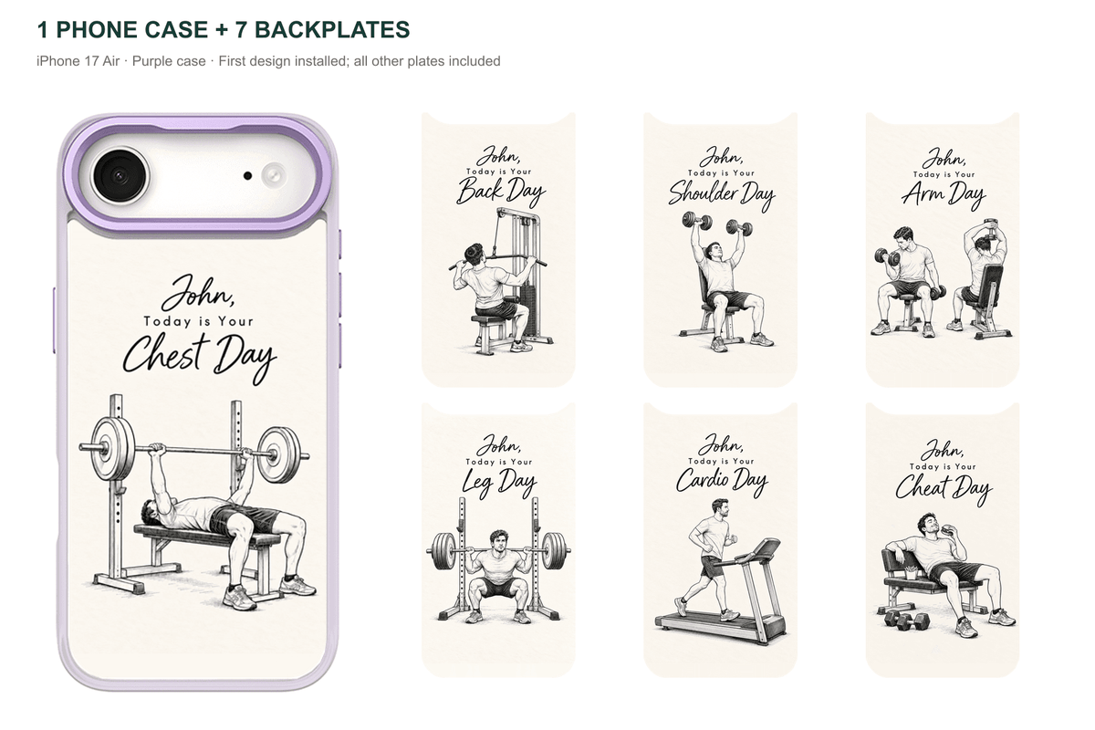 Training Days Personalized — 7 Backplates + 1 Phone Case — iPhone 17 Air Purple case with all 7 backplates
