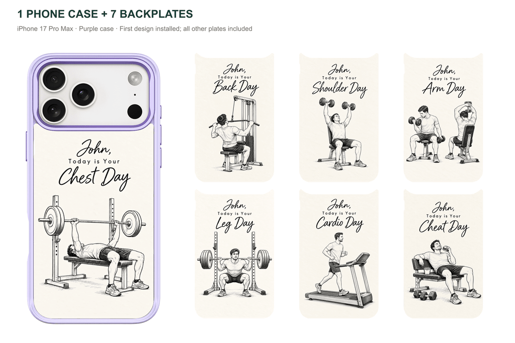 Training Days Personalized — 7 Backplates + 1 Phone Case — iPhone 17 Pro Max Purple case with all 7 backplates