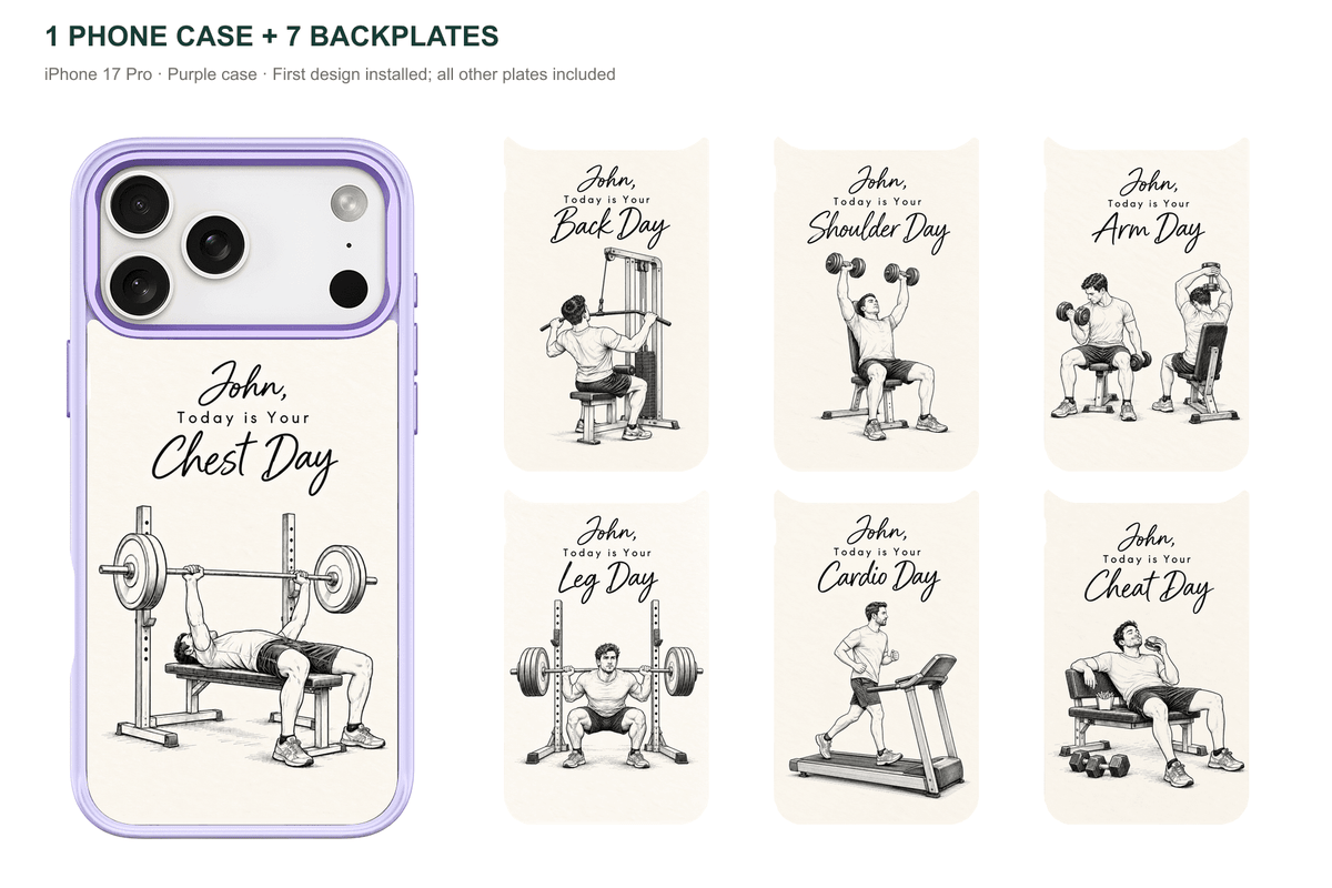 Training Days Personalized — 7 Backplates + 1 Phone Case — iPhone 17 Pro Purple case with all 7 backplates