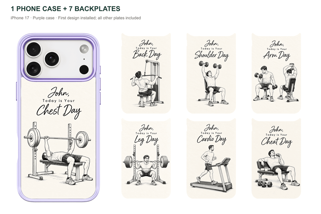 Training Days Personalized — 7 Backplates + 1 Phone Case — iPhone 17 Purple case with all 7 backplates