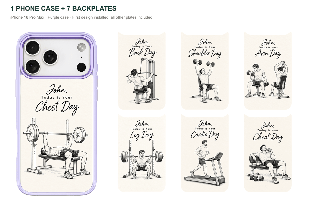 Training Days Personalized — 7 Backplates + 1 Phone Case — iPhone 18 Pro Max Purple case with all 7 backplates