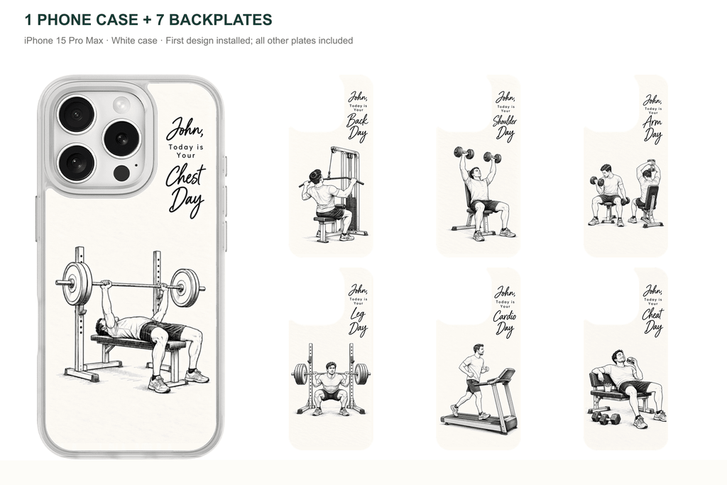 Training Days Personalized — 7 Backplates + 1 Phone Case — iPhone 15 Pro Max White case with all 7 backplates