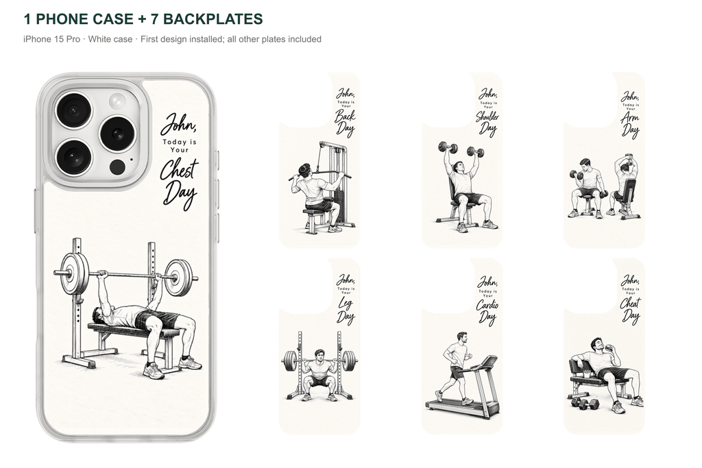 Training Days Personalized — 7 Backplates + 1 Phone Case — iPhone 15 Pro White case with all 7 backplates