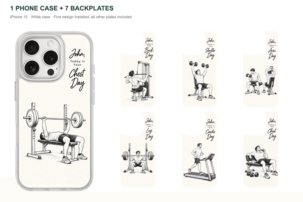Training Days Personalized — 7 Backplates + 1 Phone Case — iPhone 15 White case with all 7 backplates