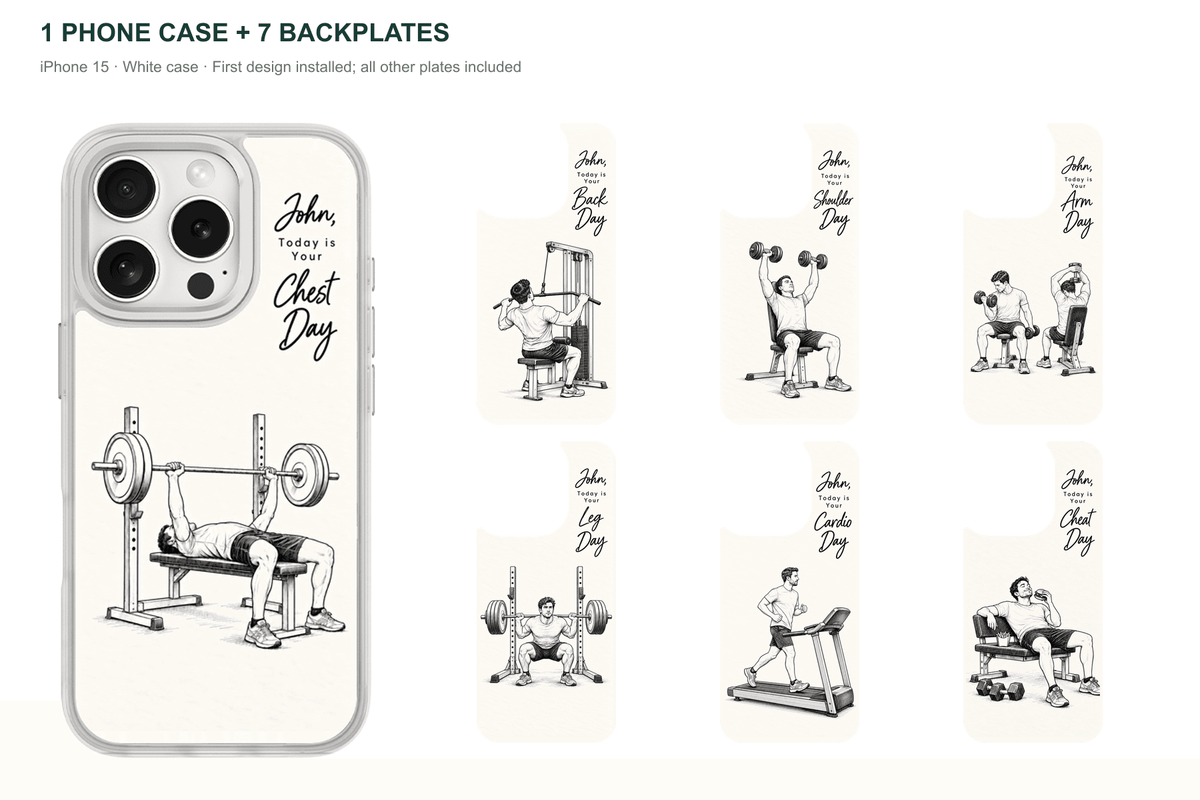 Training Days Personalized — 7 Backplates + 1 Phone Case — iPhone 15 White case with all 7 backplates