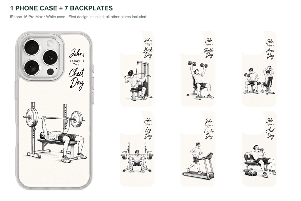 Training Days Personalized — 7 Backplates + 1 Phone Case — iPhone 16 Pro Max White case with all 7 backplates