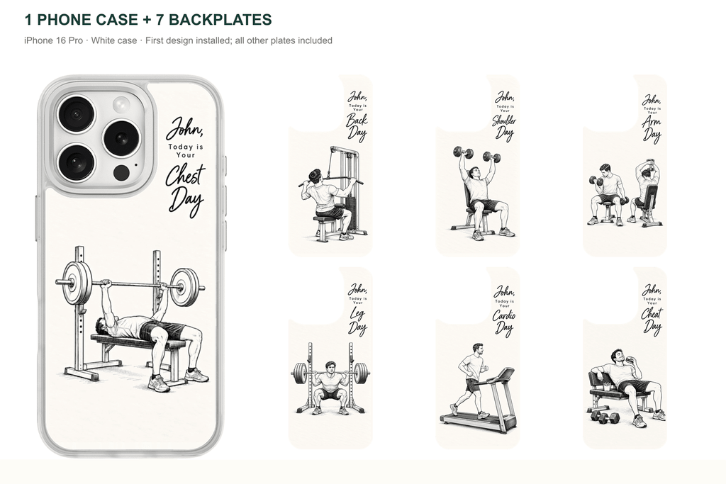 Training Days Personalized — 7 Backplates + 1 Phone Case — iPhone 16 Pro White case with all 7 backplates