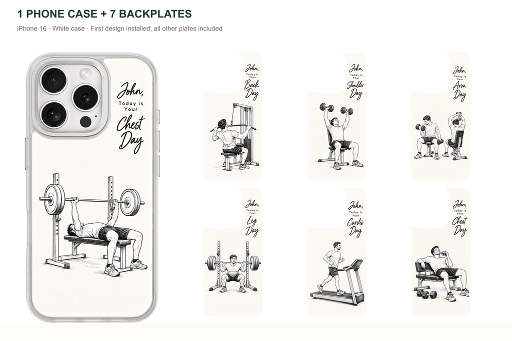 Training Days Personalized — 7 Backplates + 1 Phone Case — iPhone 16 White case with all 7 backplates