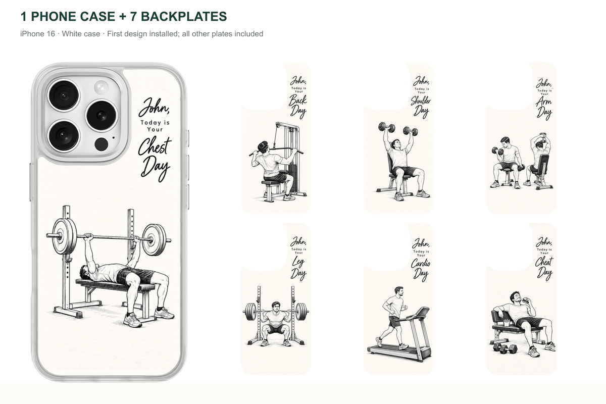 Training Days Personalized — 7 Backplates + 1 Phone Case — iPhone 16 White case with all 7 backplates