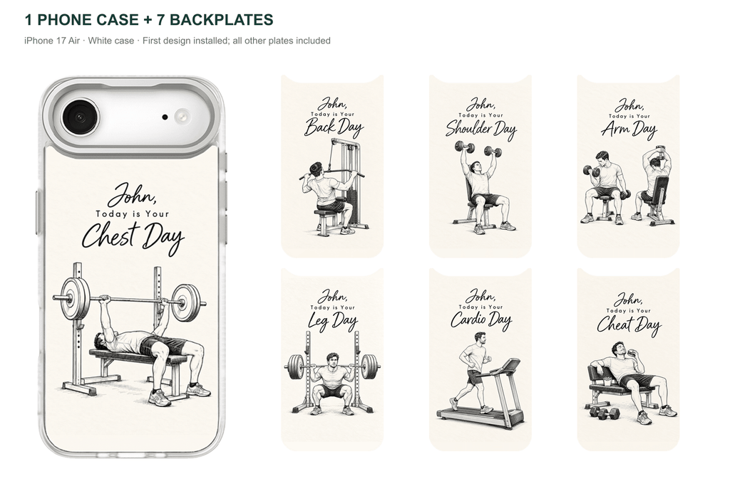Training Days Personalized — 7 Backplates + 1 Phone Case — iPhone 17 Air White case with all 7 backplates