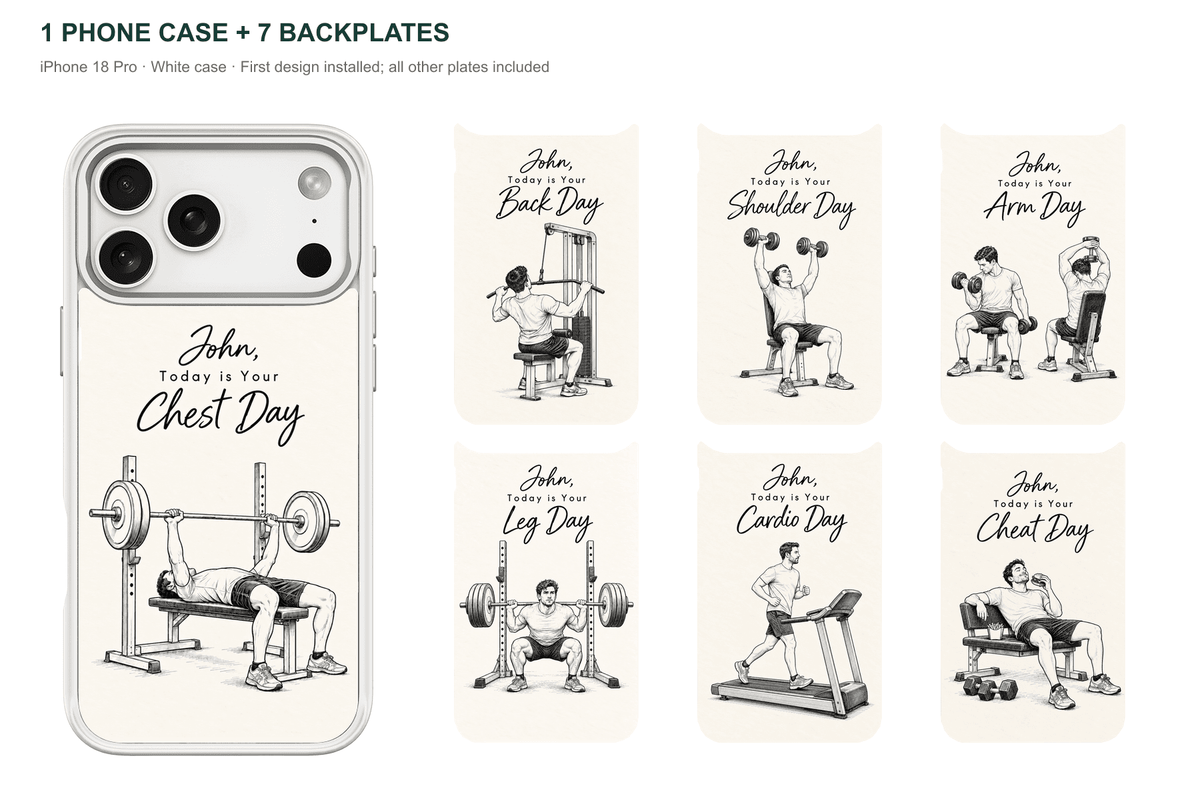Training Days Personalized — 7 Backplates + 1 Phone Case — iPhone 18 Pro White case with all 7 backplates